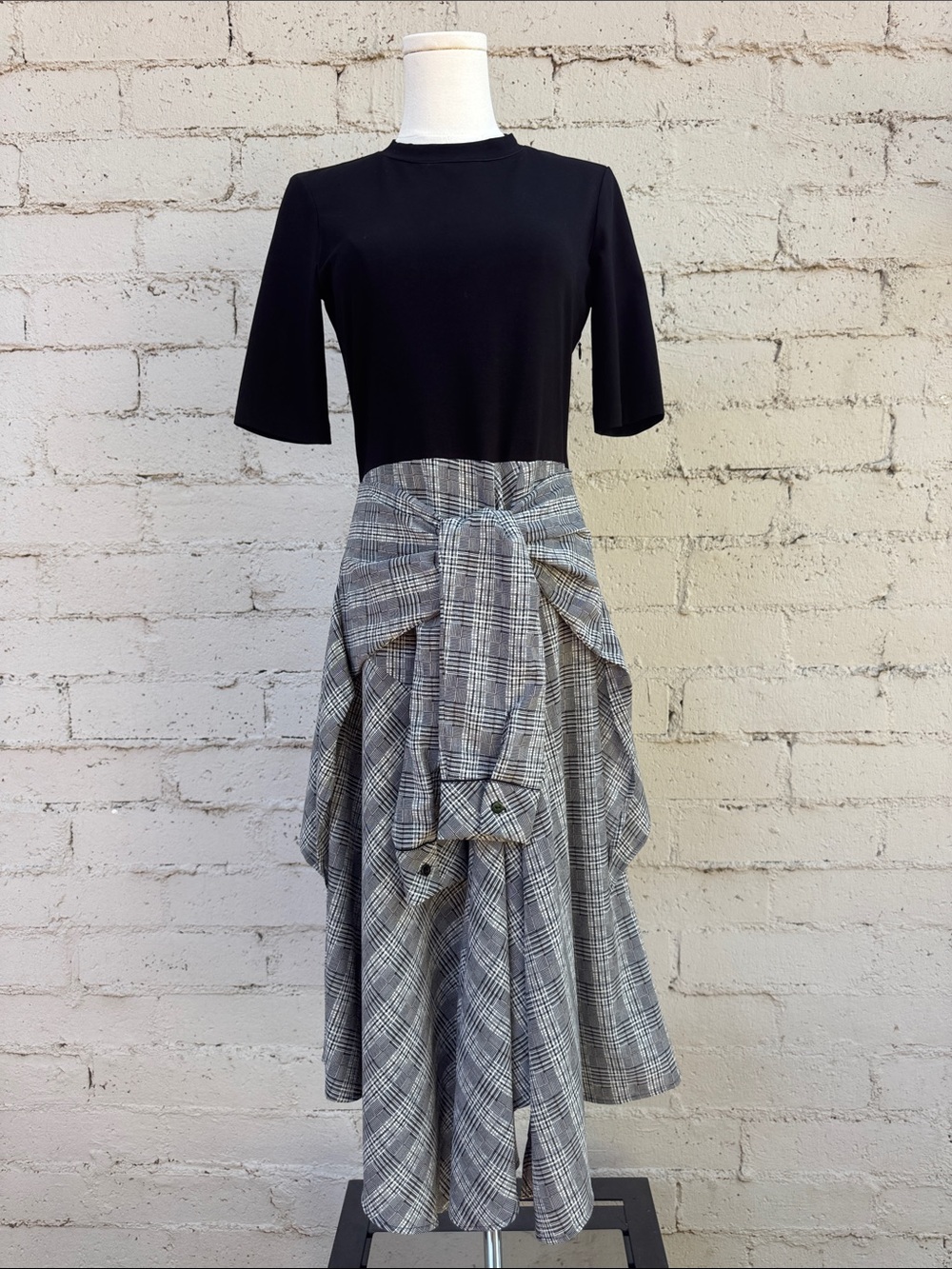 Maje Rapri Color-Blocked Geo Print Midi Dress Plaid Tie-Waist Black Size L (3) - Picture 4 of 16